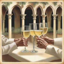 A vintage American-style image depicting numerous hands holding glasses of white wine, set against the backdrop of an ancient cloister from the Middle Ages