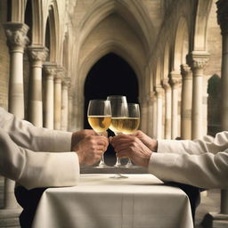 A vintage American-style image depicting numerous hands holding glasses of white wine, set against the backdrop of an ancient cloister from the Middle Ages