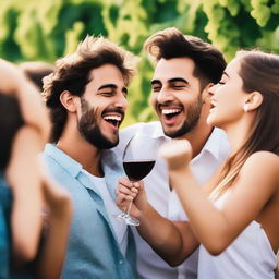 Una botella de vino sirviendo vino en diferentes copas de vino blanco, con gente joven riendo y disfrutando