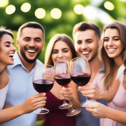 Una botella de vino sirviendo vino en diferentes copas de vino blanco, con gente joven riendo y disfrutando