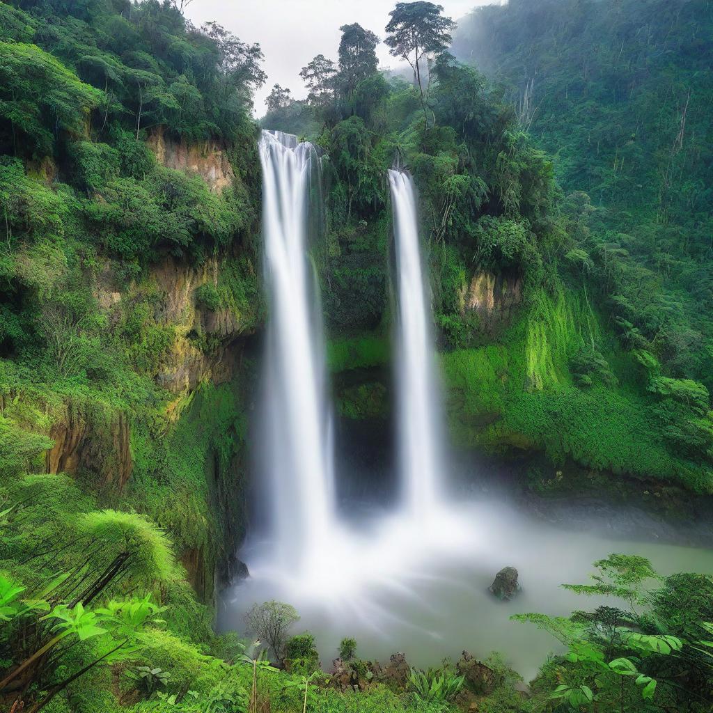 A breathtaking view of the world's deepest waterfall, surrounded by lush greenery and mist