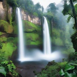 A breathtaking view of the world's deepest waterfall, surrounded by lush greenery and mist