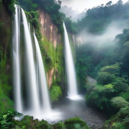 A breathtaking view of the world's deepest waterfall, surrounded by lush greenery and mist