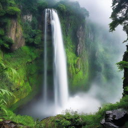 A breathtaking view of the world's deepest waterfall, surrounded by lush greenery and mist