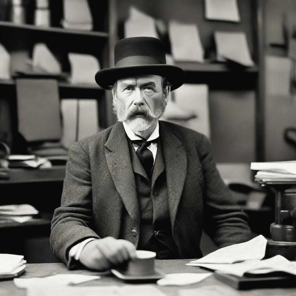 A middle-aged man dressed in 1880s clothes and wearing a bowler hat is facing the camera