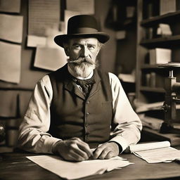 A middle-aged man dressed in 1880s clothes and wearing a bowler hat is facing the camera