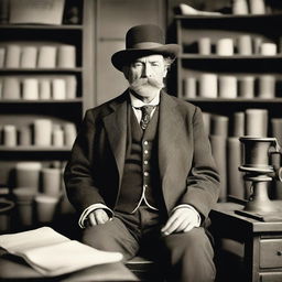 A middle-aged man dressed in 1880s clothes and wearing a bowler hat is facing the camera