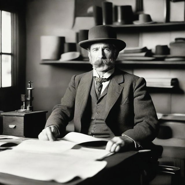 A middle-aged man dressed in 1880s clothes and wearing a bowler hat is facing the camera