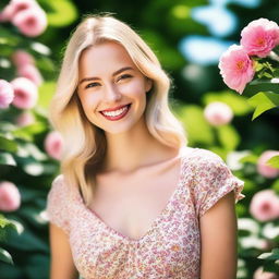 A beautiful blonde girl with a radiant smile, wearing a stylish outfit