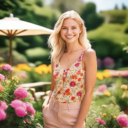 A beautiful blonde girl with a radiant smile, wearing a stylish outfit