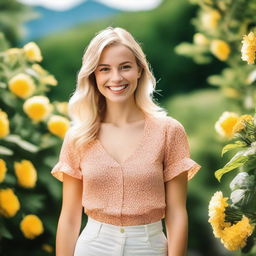 A beautiful blonde girl with a radiant smile, wearing a stylish outfit