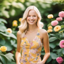 A beautiful blonde girl with a radiant smile, wearing a stylish outfit