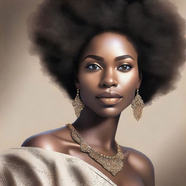 A beautiful and elegant depiction of a black woman, showcasing her natural beauty and grace