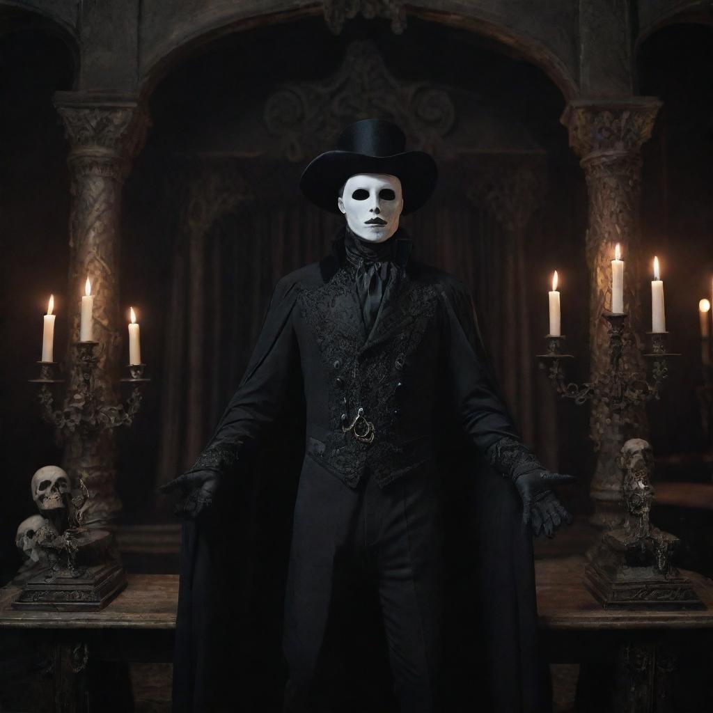 The Phantom of the Opera styled as a dark, mystical necromancer, in an eldritch theatre setting, filled with Gothic iconography.