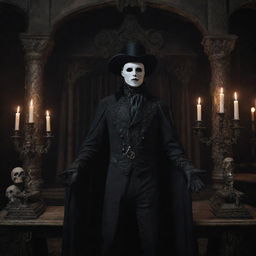 The Phantom of the Opera styled as a dark, mystical necromancer, in an eldritch theatre setting, filled with Gothic iconography.