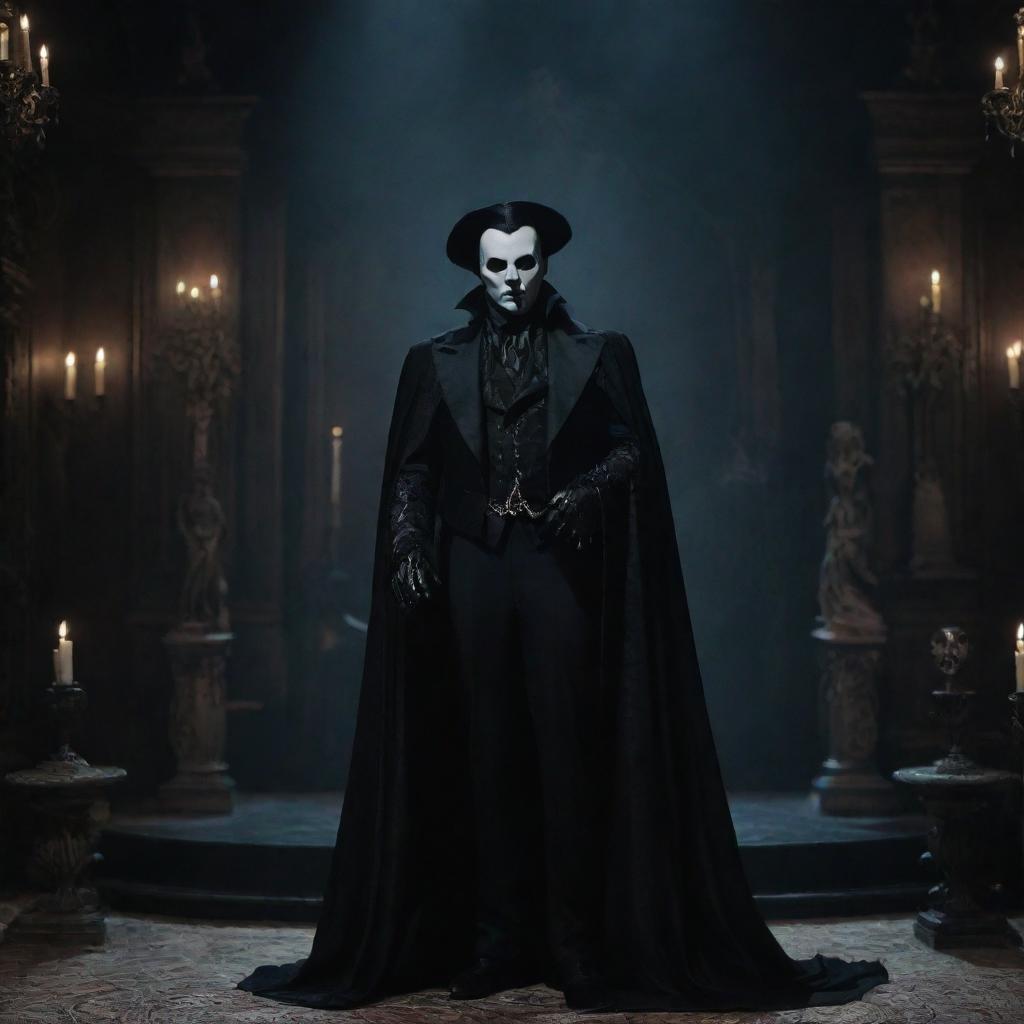 The Phantom of the Opera styled as a dark, mystical necromancer, in an eldritch theatre setting, filled with Gothic iconography.