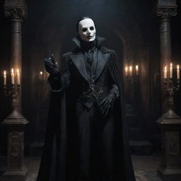 The Phantom of the Opera styled as a dark, mystical necromancer, in an eldritch theatre setting, filled with Gothic iconography.