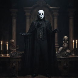 The Phantom of the Opera styled as a dark, mystical necromancer, in an eldritch theatre setting, filled with Gothic iconography.