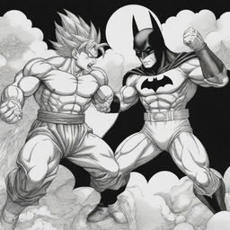 Goku and Batman engaged in an impressive battle in black and white, designed as a captivating coloring page