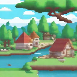 Create a pixel art image featuring a small, charming village with houses, trees, and a river