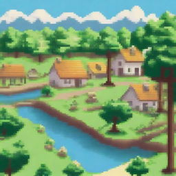 Create a pixel art image featuring a small, charming village with houses, trees, and a river