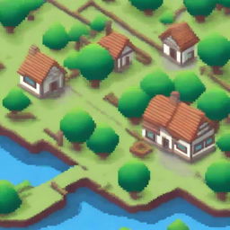 Create a pixel art image featuring a small, charming village with houses, trees, and a river