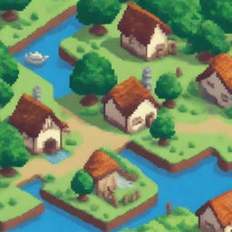 Create a pixel art image featuring a small, charming village with houses, trees, and a river