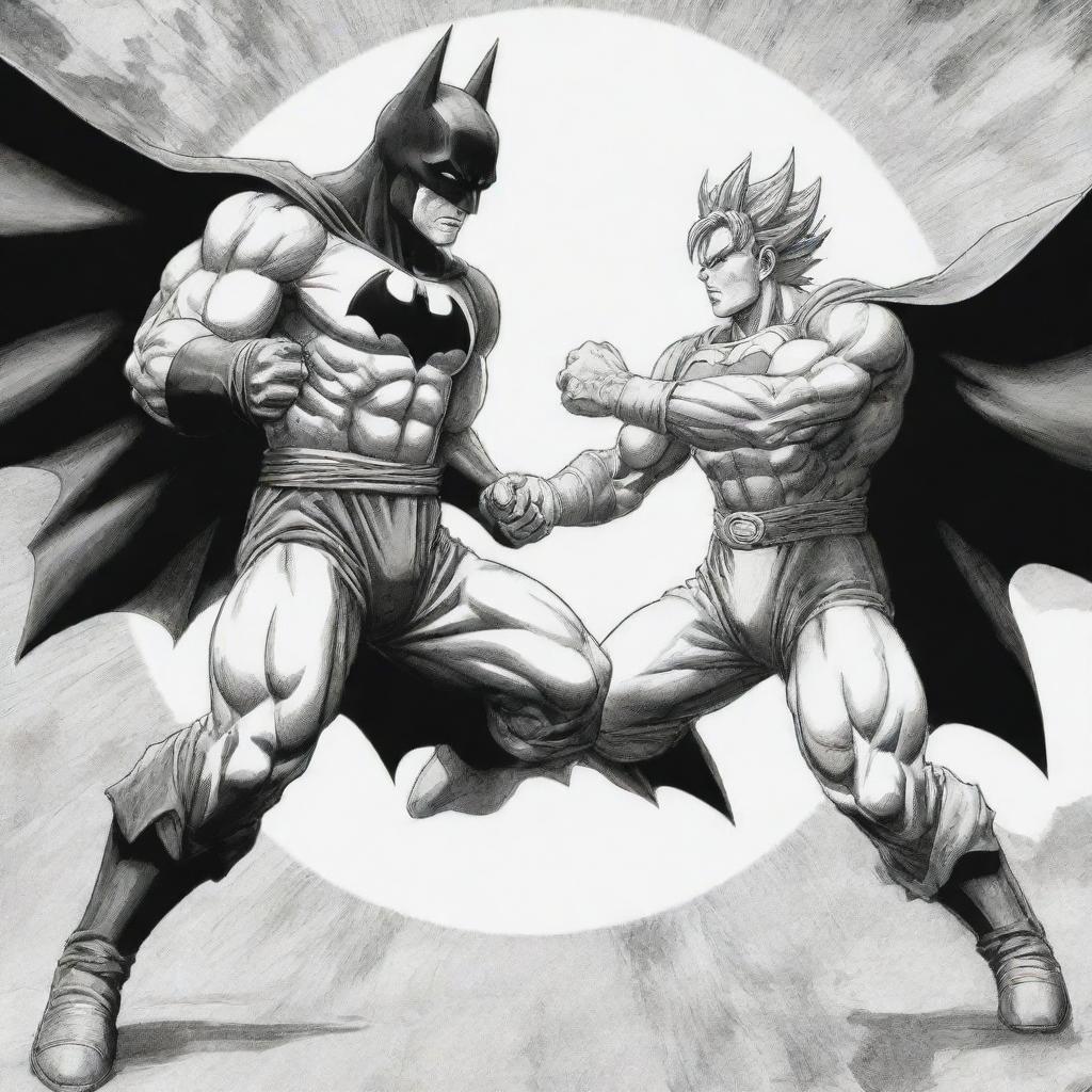 Goku and Batman engaged in an impressive battle in black and white, designed as a captivating coloring page