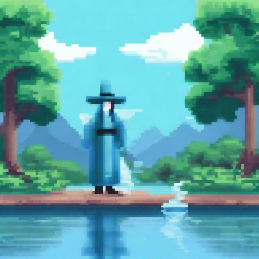 Create a pixel art image of a water magician standing by a serene lake