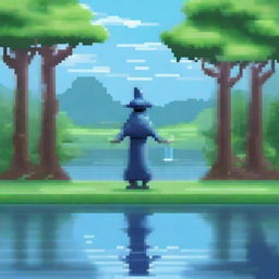 Create a pixel art image of a water magician standing by a serene lake