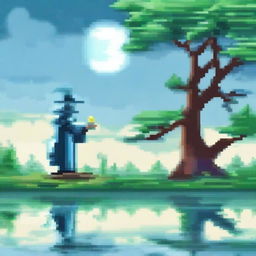 Create a pixel art image of a water magician standing by a serene lake