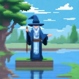 Create a pixel art image of a water magician standing by a serene lake