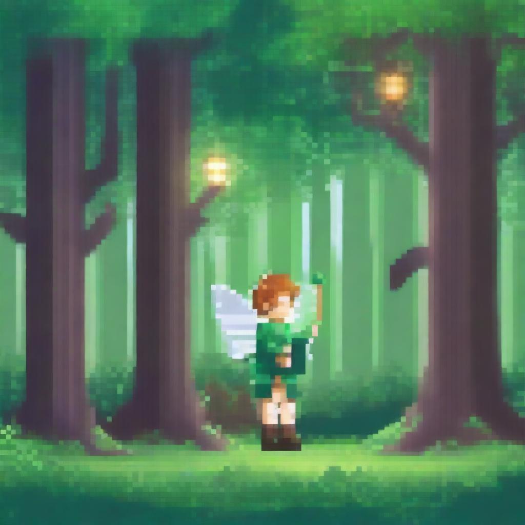 Create a pixel art image of a fairy magician standing in an enchanted forest