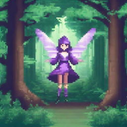 Create a pixel art image of a fairy magician standing in an enchanted forest