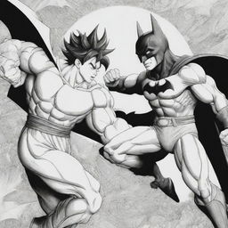 Goku and Batman engaged in an impressive battle in black and white, designed as a captivating coloring page