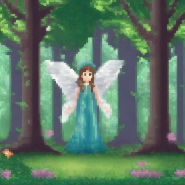 Create a pixel art image of a fairy magician standing in an enchanted forest