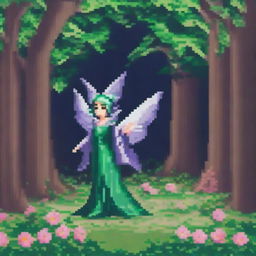 Create a pixel art image of a fairy magician standing in an enchanted forest