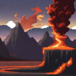 Create a pixel art image of a fire magician standing in a volcanic landscape