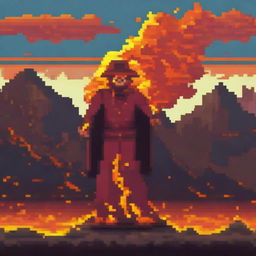 Create a pixel art image of a fire magician standing in a volcanic landscape