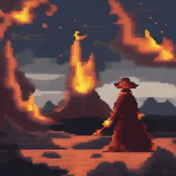 Create a pixel art image of a fire magician standing in a volcanic landscape