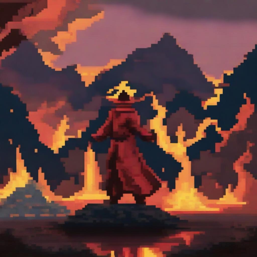 Create a pixel art image of a fire magician standing in a volcanic landscape