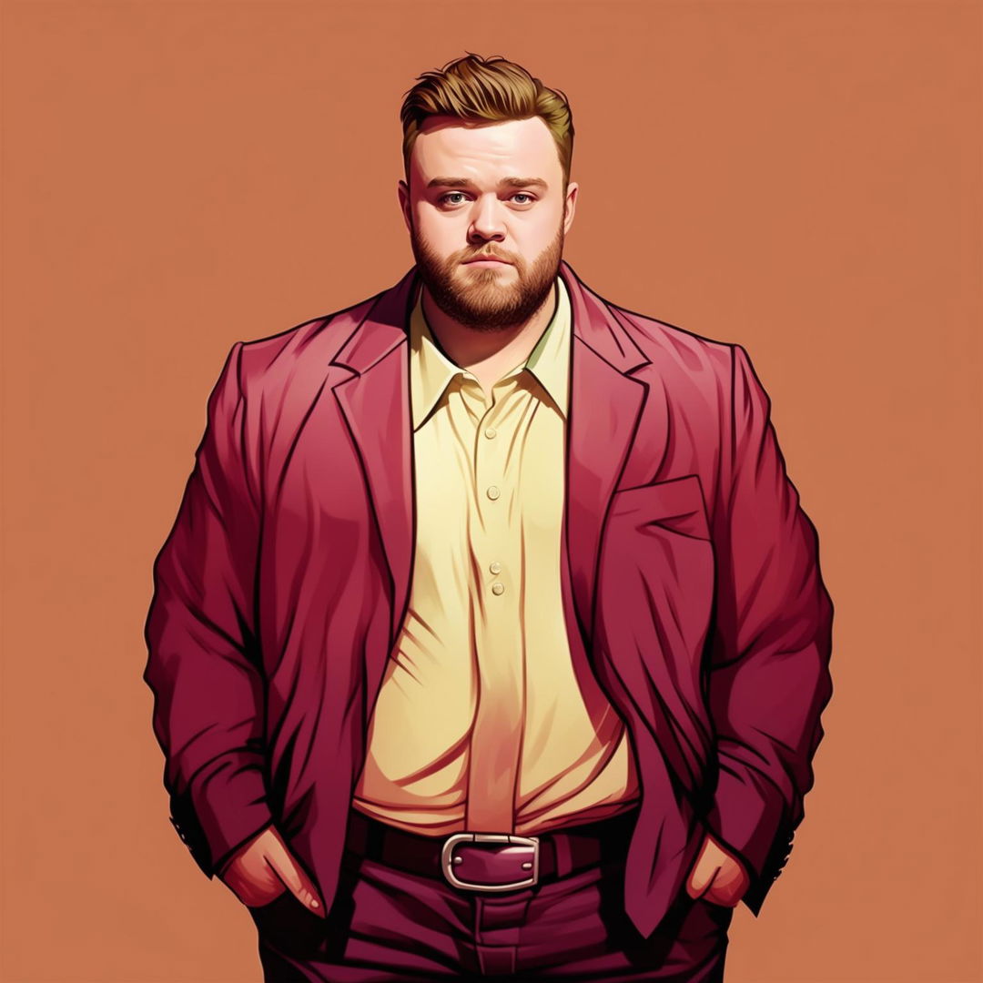 Create a light-hearted and humorous image of an obese Justin Timberlake, maintaining his recognizable features and stylish outfit