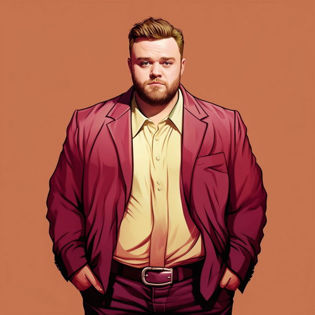 Create a light-hearted and humorous image of an obese Justin Timberlake, maintaining his recognizable features and stylish outfit