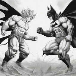 Goku and Batman engaged in an impressive battle in black and white, designed as a captivating coloring page