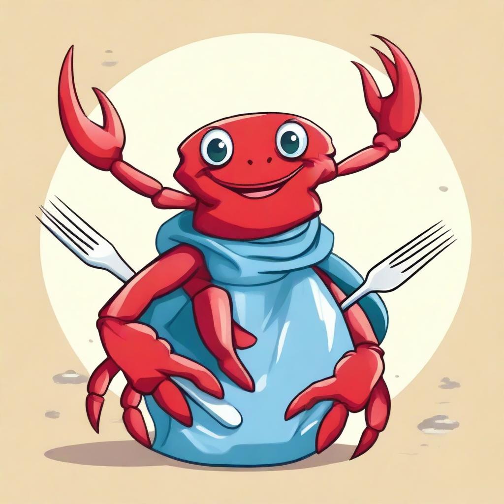 A creative illustration of a young red crab wearing a plastic bag as a scarf and holding a fork as a weapon