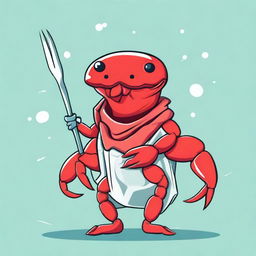 A creative illustration of a young red crab wearing a plastic bag as a scarf and holding a fork as a weapon