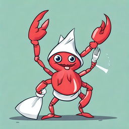 A creative illustration of a young red crab wearing a plastic bag as a scarf and holding a fork as a weapon