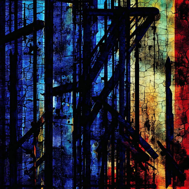 An abstract illustration featuring a faded, crumbling blue, yellow, and red background with multiple rusted iron bars in the foreground, set against a dark abstract backdrop