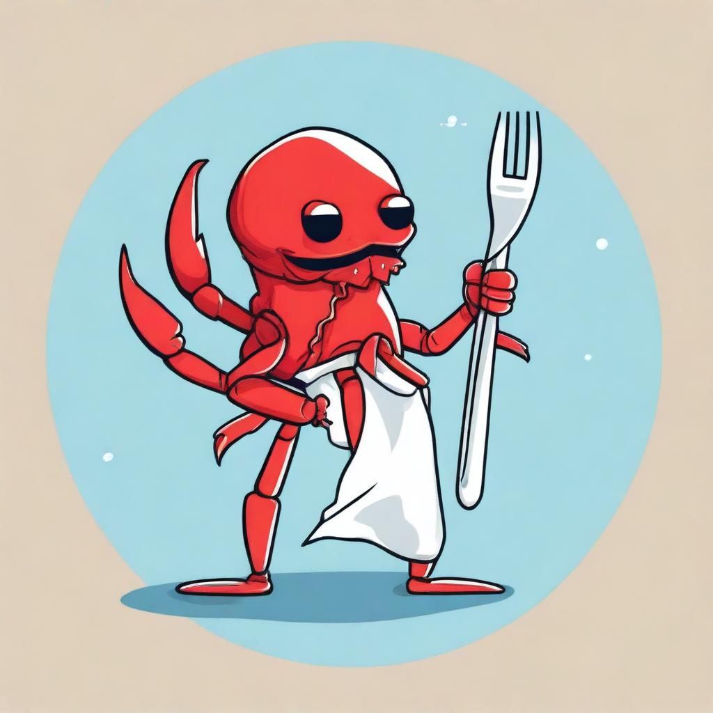 A creative illustration of a young red crab wearing a plastic bag as a scarf and holding a fork as a weapon