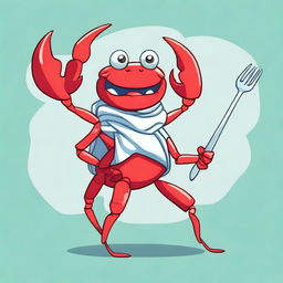 A creative illustration of a young red crab wearing a plastic bag as a scarf and holding a fork as a weapon